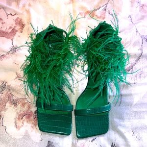 Feather Trim Faux Croc Square Toe Heels size 8